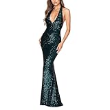 OULIWANGLUO Damen Neckholder Pailletten Lange Abendkleid Slim Elegant Fischschwanzkleid Lang Hochzeitsgast Partykleid Maxi Kleider (Dunkelgrün,S)