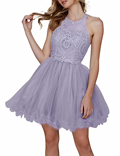 Tulle Short Halter Homecoming Dresses Lace Beaded Puffy Sweet 16 Dress for Juniors(Lavender,02)
