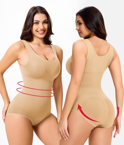 Nebility Women Waist Trainer Bodysuit Slim Full Body Shapewear Seamless Round Neck Jumpsuits Tummy Control Tops (XS/S, Beige)