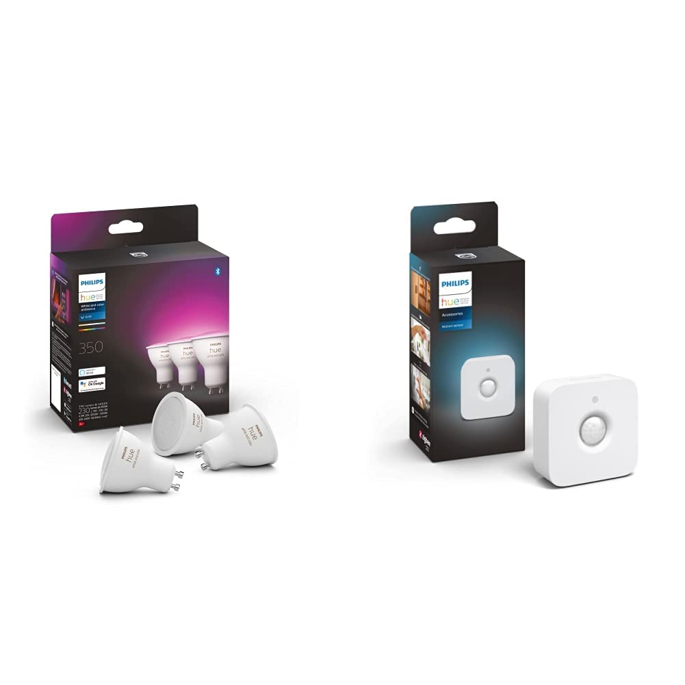 Philips Hue White and Color Ambiance, ampoule LED connectées GU10 4.3W compatible Bluetooth, Lot de 3 & Philips Hue Motion Sensor Détecteur de mouvement sans fil