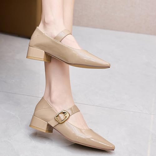 Women's Patent Leather Mary Jane Flats, Pointed Toe, White with Gold Buckle, Low Block Heel4