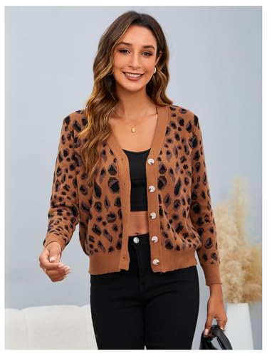 MakeMeChic Women's Leopard Print V Neck Button Down Sweater Cardigan Long Sleeve Knitwear Outerwear3