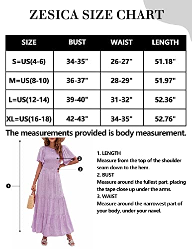 Zesica Women's 2023 Summer Casual Floral Print Short Flutter Sleeve Crew Neck Smocked High Waist Flowy Maxi Dress,Purple,Medium #TOP29