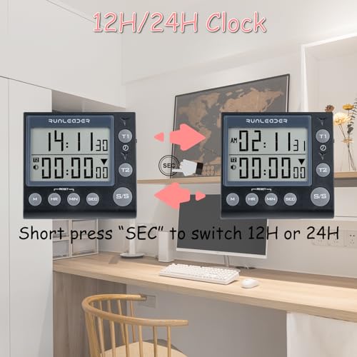 NInE-ROnG 2-Channel Countdown Countup Timer with 12H/24H Clock Kitchen Magnetic Timer Digital Minute/Second Timer Desk Clock Electric Clock Stopwatch Timer for Cooking Meeting(Black) - Image 3