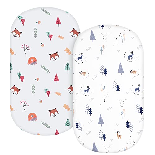 Image of TILLYOU Silky Soft Breathable Bassinet Sheets Fitted for Baby Boy Girl, Compatible with Brands’ Basinette Bedside Co-Sleeper Lounger Cradle Oval Rectangle Hourglass Mattress, 2-Pack Woodland Animals
