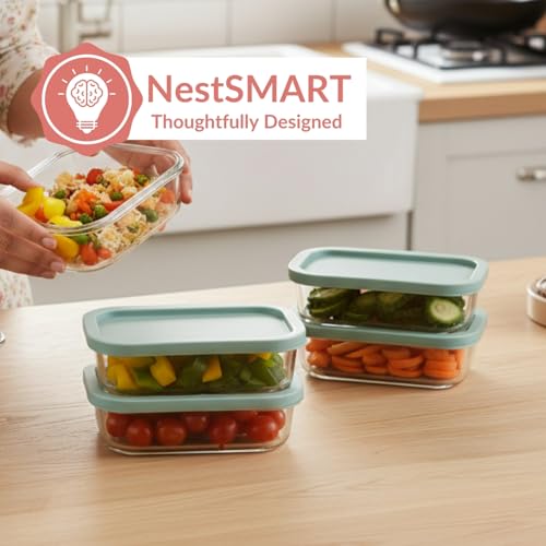 Image of Nestasia Groovo Glass Containers for Fridge Storage Set of 4 (520ml Each) - Transparent Stackable Glass Container with Lid, Microwave & Dishwasher Safe Containers with Ribbed Texture (Green)