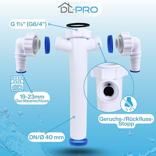 DL-pro Tauchrohr Ø40mm 1 1/2 Zoll, 265 mm lang, 2x schwenkbarer Geräteanschluss, Anti-Geruchsverschluss & Rückflussstopp – für Waschmaschine & Geschirrspüler