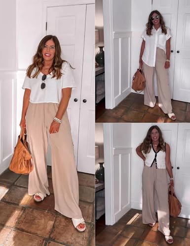 Xiaoxuemeng Womens Cotton Linen Wide Leg Pants Summer Elastic Waisted Beach Pants with Pockets3