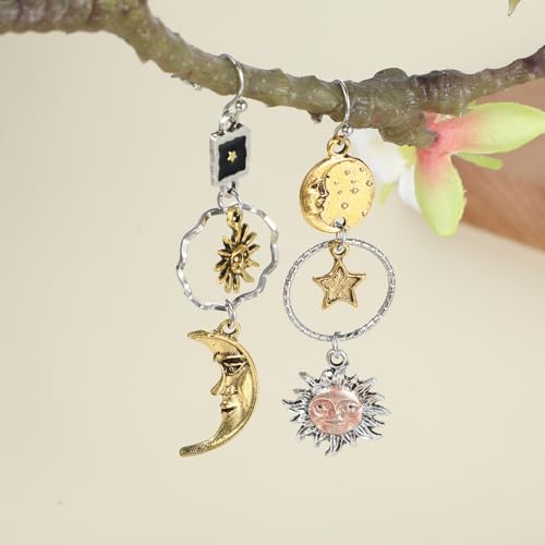 Sun and Moon Star Dangle Earrings Vintage Statement Earrings Bronze Gothic Asymmetrical Sun Moon Asymmetric Drop Earrings for Women for Cosplay Party Jewelry4