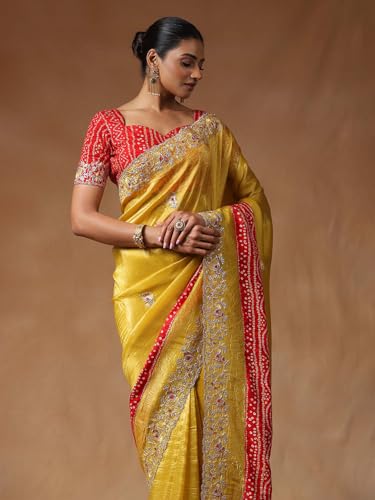 Image of SAREE MALL Women's Tissue Embroidered Saree With Unstitched Blouse Piece