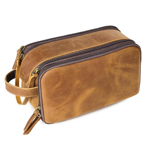 Toiletry Bag for Men, Full Grain Leather Travel Pouch Shaving Dopp Kit Bathroom Toiletries Organizer Bags, Brown - Main Image