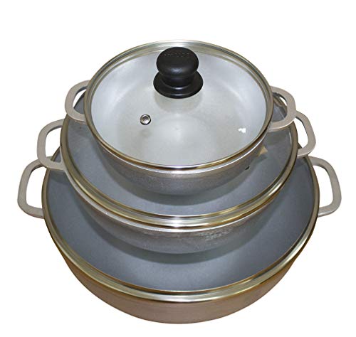 Imusa Usa Traditional Colombian Natural Caldero Glass Lid & Steam Vent 3-Piece (1.4/3.4/6.6) Quart, Silver (Dutch Oven Set) #TOP1