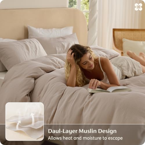 Image of Bedsure 100% Muslin Cotton Duvet Cover Queen Size - Ultra-Soft Gauze Duvet Cover, PureWoven Breathable & Lightweight Bedding Set with Button Closure and Corner Ties (Khaki, Queen, 90 inchx90 inch)