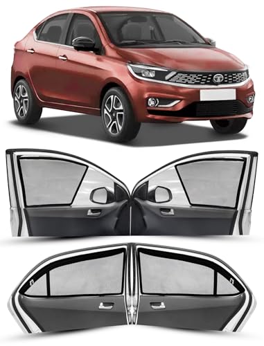 Image of Autofact Magnetic Car Sunshades Compatible with Tata Tigor (Set of 4) - Easy Installation, UV Protection, Keeps Car Cool (Front 2 Half-Cut for Side Mirror Visibility, Rear 2 with Zippers)