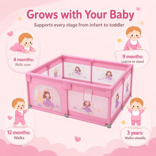 Image of Dawnwake Playpen for Baby up to 4 Years Playards with Pit Balls and Anti-Fall Grasp Rings, Kids Activity Center with Safety Lock & Small Storage Bag (No Mat, Non-Foldable) (150x180 cm Pink)