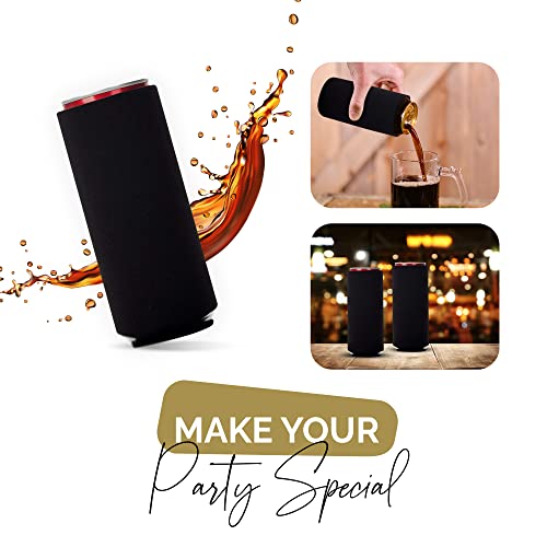 Image of Slim Can Cooler Sleeves 12 Pack- Blank Foldable Neoprene 12oz Can Insulators - Skinny Beverage Coolers for Beer & Soda - Sublimation-Ready (Black)