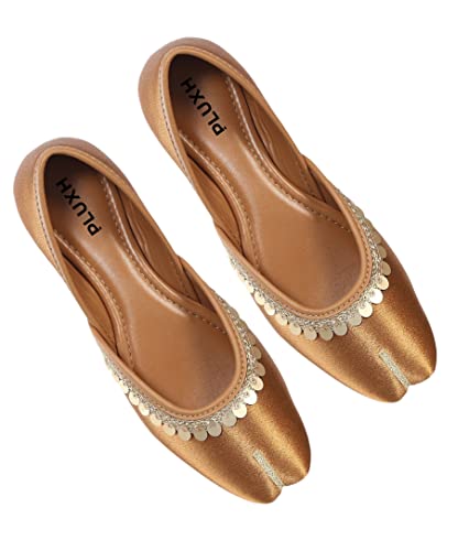 Image of Pluxh Women's Ethnic Jutti Shoes | Shiny Finish Mojari with Sequin Border | Soft Cushioned Slip-On Flats for Casual