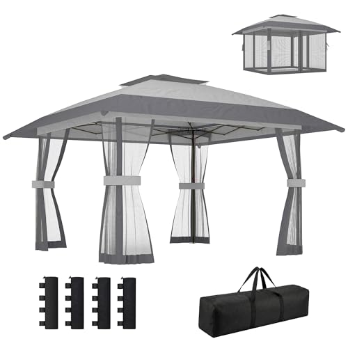 Outsunny Tonnelle de Jardin 4 x 4 m Pop up Tente Pliante réglable en Hauteur Protection UV30+ tonnelle Pliante avec Double Toit 4 parois en Maille 4 Sacs de...