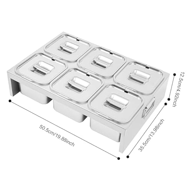 Stainless Steel Spice Rack Set, 6-Pan Pizza Topping Station with Lids & Ladles, 2-Tier Inclined Expandable Organizer Shelf Countertop Condiment Holder for Seasoning Ingredients