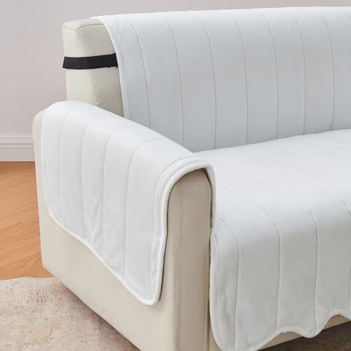 Image of Great Bay Home Velvet Sofa Cover - Washable Slipcover Furniture Protector with Elastic Straps - Furniture Cover for Dogs, Kids, and Pets - Stitched Detail (White)