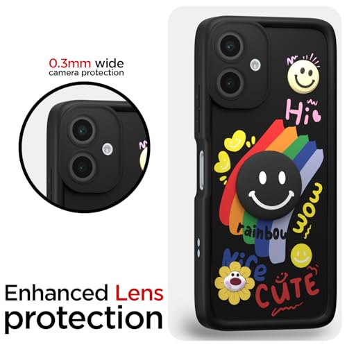 Image of Pikkme Back Cover for Samsung Galaxy A06 | Soft Silicone| Cute Rainbow Smile & 3D Cartoon Flower Design | Shockproof Raised Camera Protection Bumper Case (Black)