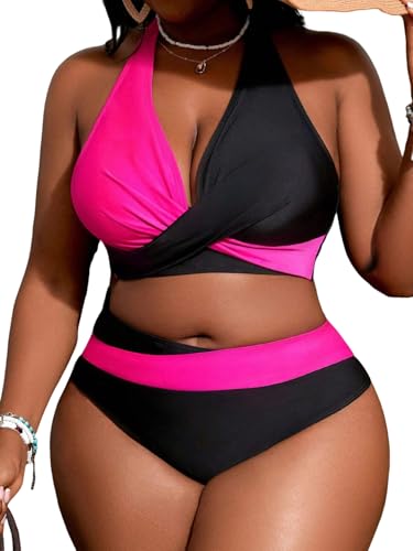 HYTENSUN Women' s Plus Size Bikini 2 Piece Color Block Swimsuits High Waisted Tummy Control Bathing Suit Adjustable Tie Strap