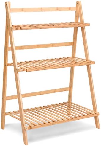 Maxmass 3 Tier Plant Ladder Flower Shelf, Folding Bamboo Plant Stand with Hollow design, Planter Pots Shelving Storage Rack for Indoor Outdoor Home Patio Garden Balcony (Natural)