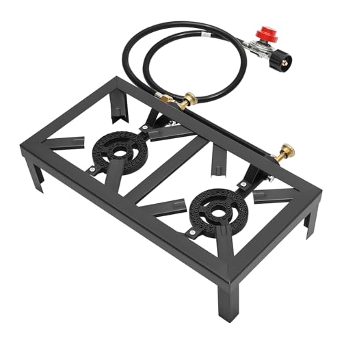 Portable Double Burner Outdoor Gas Stove Cast Iron Propane Cooker with Adjustable 0-10Psi Regulator Hose for Patio Camping, BBQ, Home Brewing,Tailgating, Hiking, Maple Syrup Prep
