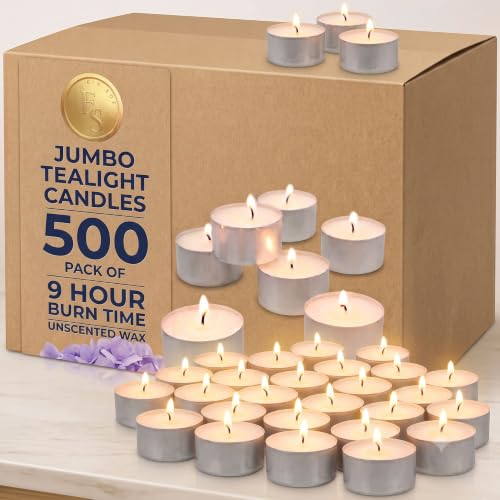 Image of Ein Sof Set of 500 Pcs Tea Lights for Home Decor - 9 Hours Burning Time, White, Non Scented, Jumbo Wax Tealight with Long Wick, Candle Light Dinner Birthday Decoration & Bedroom Diffuser T Lamp