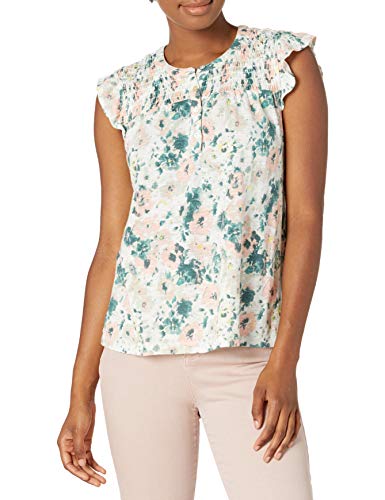 Lucky Brand Women's Sleeveless Button Up Smocked Printed Top, Green Multi, M