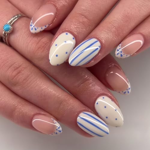 White French Tip Press on Nails Short Almond Fake Nails witn Blue Polka Dot Stripe Design Spring Summer False Nails Press ons Glossy Full Cover Glue on Nails for Women Girls Manicure Decorations