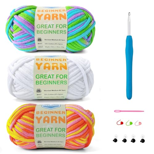 Image of 3 * 50g /1.76oz Yarn for Crocheting and Knitting, 3 * 60yds Beginner Yarn with Easy-to-See Stitches; Worsted-Weight Medium #4;Amigurumi-Friendly Crochet Kit (Dawn+Ocean+White)
