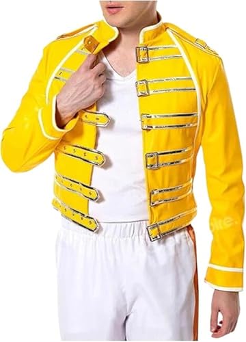 Mens Yellow Concert Cosplay Costume Belted Mercury Pop Star Rock Leather Jacket