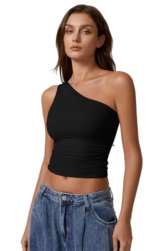 QINSEN Women's One Shoulder Tank Tops Double Lined Sleeveless Slim Fit Cropped Tee Shirt Y2k Tops3
