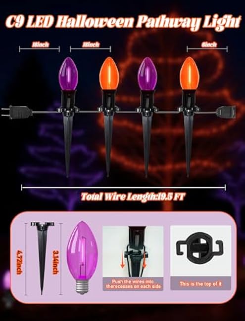 Halloween Pathway Lights, 10 Pack C9 LED Stake Lights with Purple & Orange Bulbs, 19.5ft Extendable Outdoor Walkway Lights for Garden, Yard, Driveway, Porch & Sidewalk Halloween Decorations