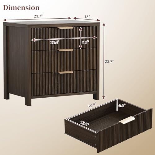 Image of Fluted Nightstands Set of 2, 23.7'' Wide Night Stand with 3 Drawers, Mid-Century Modern Bedside Table with Handles, Wood End Table for Bedroom, Brown