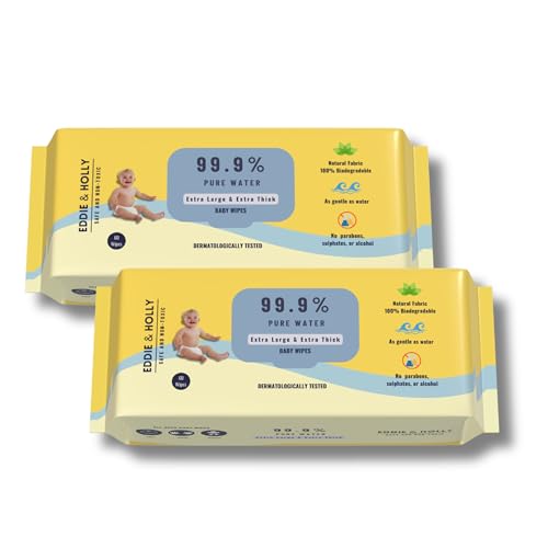 Eddie & Holly 99.9% Water Baby Wet Wipes | 2X Larger & 3X Thicker | 100% Plant based Fabric | Unscented | Zero Rash Wipes | Wipes for New Born Baby & Mother | Suitable for Sensitive Skin (2 X 60)