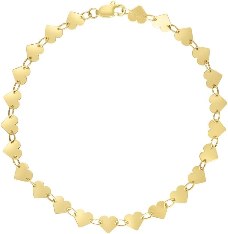 JewelryWeb 14k Yellow Gold Mirrored Chain Love Heart Strand Bracelet With Lobster Clasp 7 Inch Strand Bracelet for Women and Men