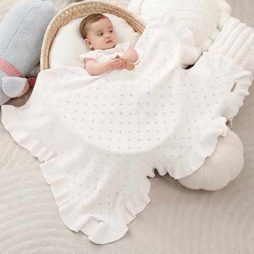 Image of Ruffle Cotton Pointelle Knitted Baby Blanket, 40 x 31 Inches Soft Cozy Newborn Swaddle Blanket for Girls, Crib Stroller Receiving Blanket, Elegant Gift Box,White