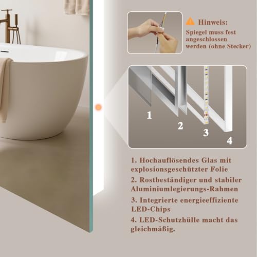 Archaluxe Badspiegel-mit-Beleuchtung 70x70cm - LED Badezimmerspiegel Badezimmer Spiegel mit Beleuchtung, Touch-Schalter, Dimmbar… – Ansicht 6