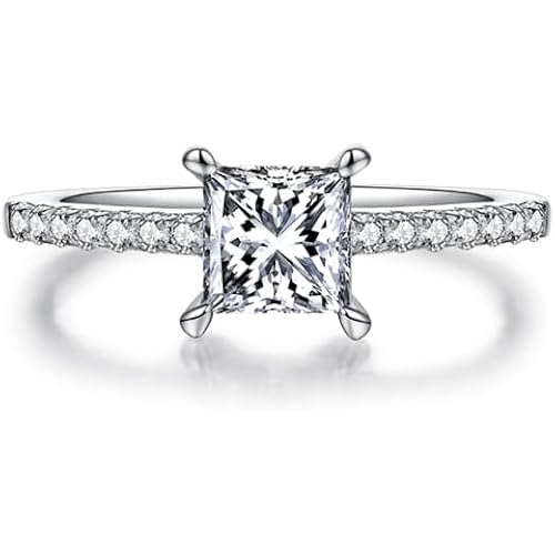 JIHANNA 1ct Princess Cut Moissanite Rings for Women, D Color VVS1 Clarity Lab Grown Moissanite Pave Set Side-Stone Princess Cut Moissanite Engagement Ring