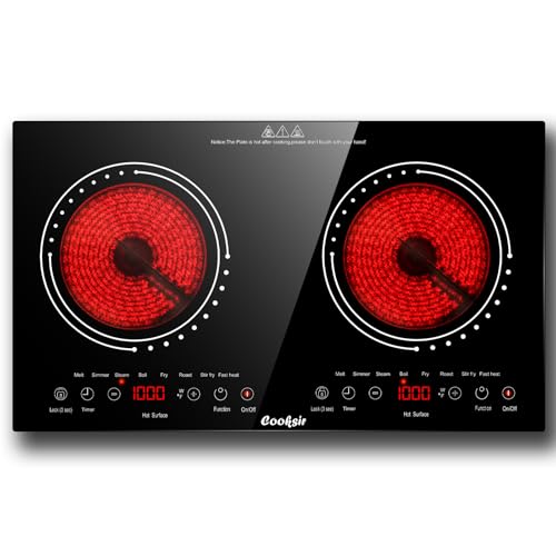 Cooksir 2 Burner Electric Cooktop - 24 Inch(23.6'x 13.8') Built-in & Countertop Electric Stove Top, 120V Double Burner Ceramic Cooktop Portable with Safety Lock, Timer, Touch Control, 110V Plug in