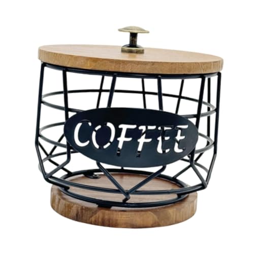 jojomis Coffee Pod Holder with Wooden Base - Metal Wire Organizer Storage Basket for Coffee Capsules, K-Cups - Space Saving Design for Home, Cafe, Desktop - 5.31inch