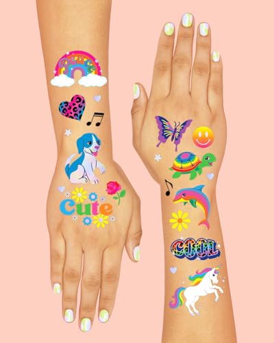 xo, Fetti Cute Neon Rainbow Animal Temporary Tattoos - 68 Iridescent Foil Pcs | Nostalgia Bright Birthday Accessory, Childhood Bachelorette Party Favor, Cute Kids Activity