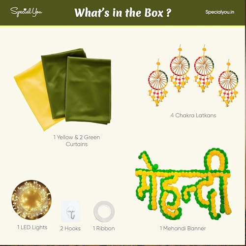 SpecialYou® Mehendi Decoration Setup, Haldi Decoration Items for Home, Haldi Backdrop Decoration Set with Yellow & Green Curtain, Haldi Mehndi Decoration Items for Marriage- 12Pcs