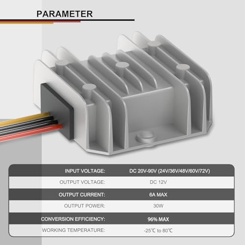 DROK DC-DC Buck Volt Converter, 20-90V to 12V 6A Car Power Converter Step Down Volt Module, 24V 36V 48V 60V 72V IP68 Waterproof Aluminum Shell Regulator Board Buck Converter4