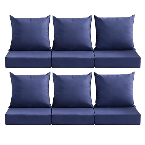 Image of Outdoor Deep Seat Cushion Set, 24x24 Inch Water-Resistant & Fade-Resistant Outdoor Chair Cushions, Patio Furniture Cushions with Removable Cover for Patio Chair, Sofa,Navy Blue (Set of 6)