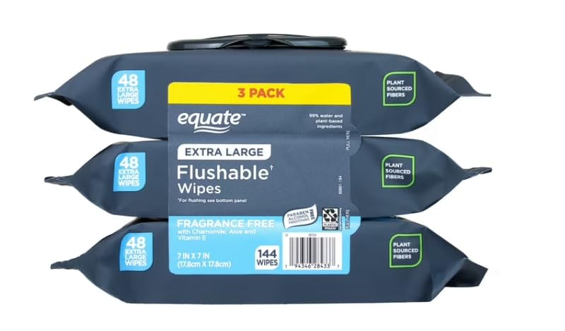 Equate Extra Large Flushable Wipes, Fragrance Free, 7x7 Inch, 144 Wipes, 3 Pack, Plant-Based Fibers, Hypoallergenic