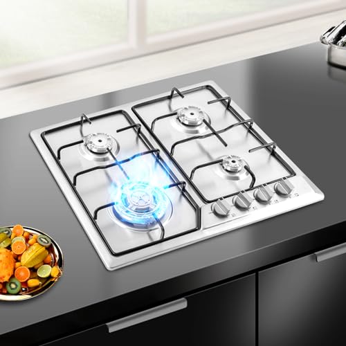 Hanmorfarbi Cocina de gas, 4 llamas de acero inoxidable con regulador de llama y chispas de encendido, quemador de alto rendimiento, estufa de gas propano para hogares o restaurantes. (4 fuegos)