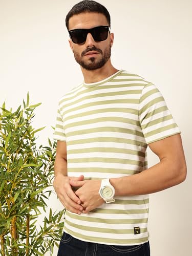 Image of Thomas Scott Men's | Striped | Half Sleeve | Regular Fit | Poly Elastane | Round Neck | Casual Tshirt